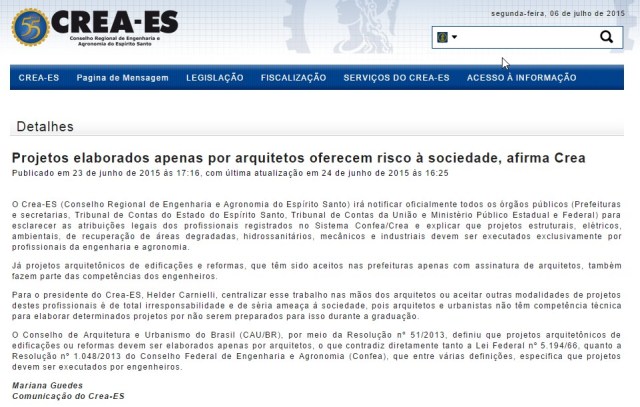 Fonte: http://www.creaes.org.br/creaes/PRINCIPAL/tabid/55/ctl/Details/mid/402/ItemID/2223/Default.aspx